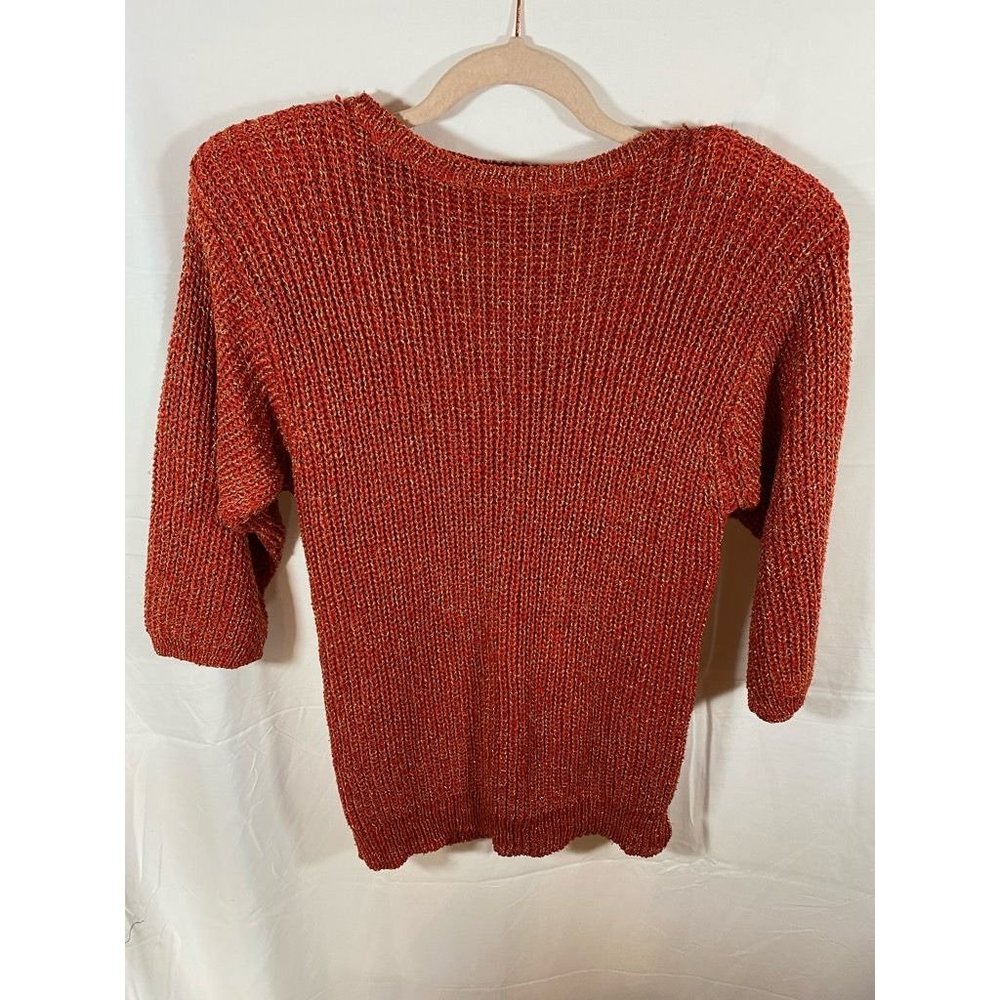 Liz Claiborne Sweater Womens Small Orange Metallic 3/4 Sleeve Pullover Ladies.